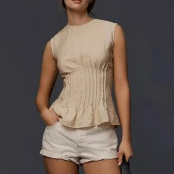 NWT ANTHRO | The Della Pleated Shell Top (Beige) - Picture 5 of 8